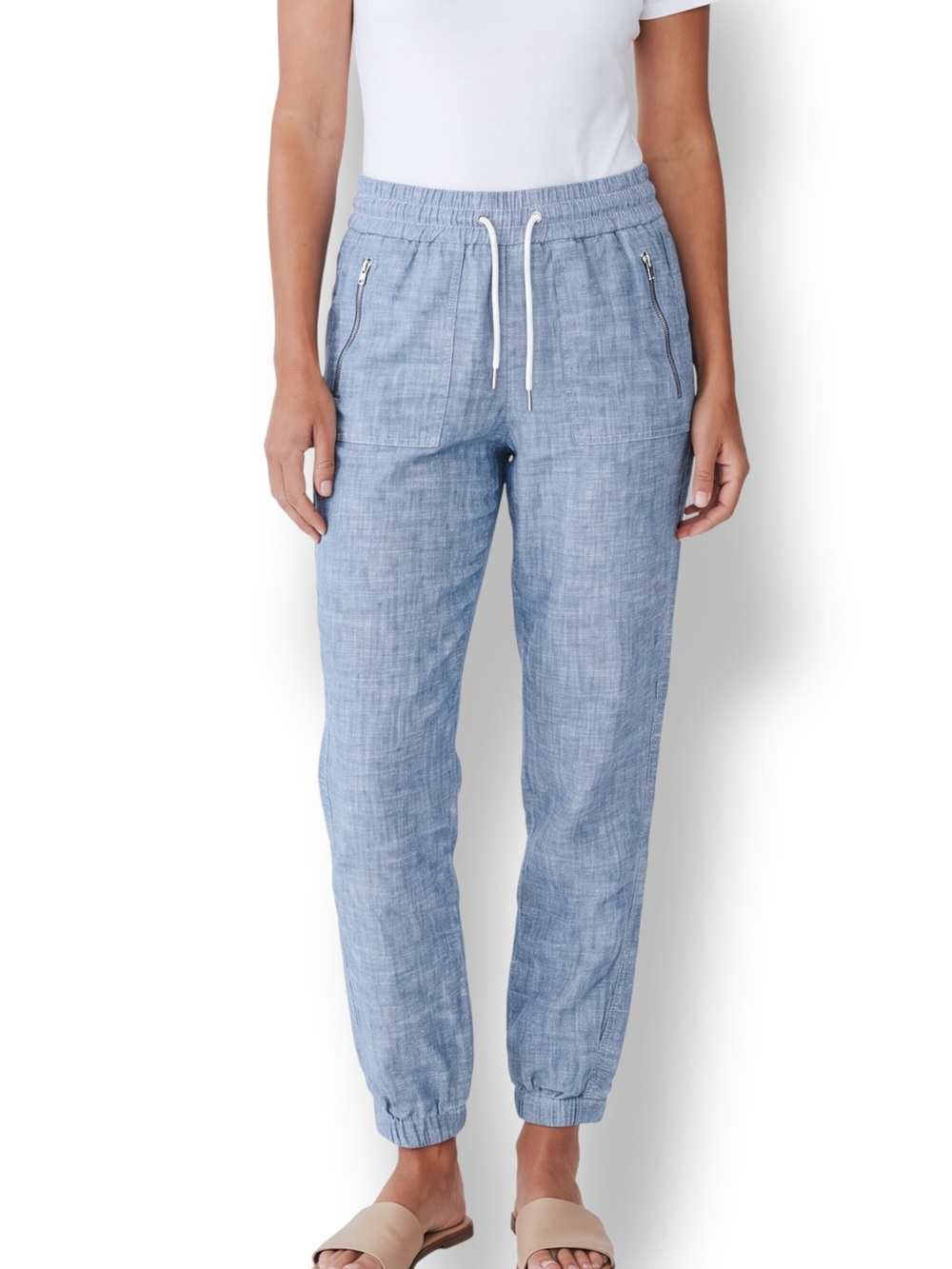 4/$20 Athleta Cabo Linen Jogger Pants Size 4 Chambray Blue Zip Pockets